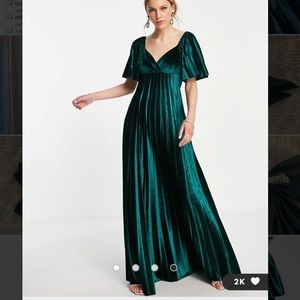 ASOS DESIGN twist back empire waist velvet pleated maxi dress in forest green